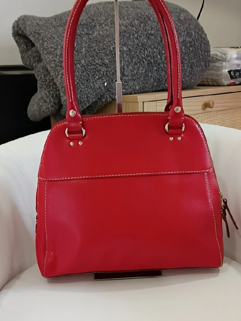 Kate Spade Red Pebbled Leather Dome Satchel with Front Zip Pocket